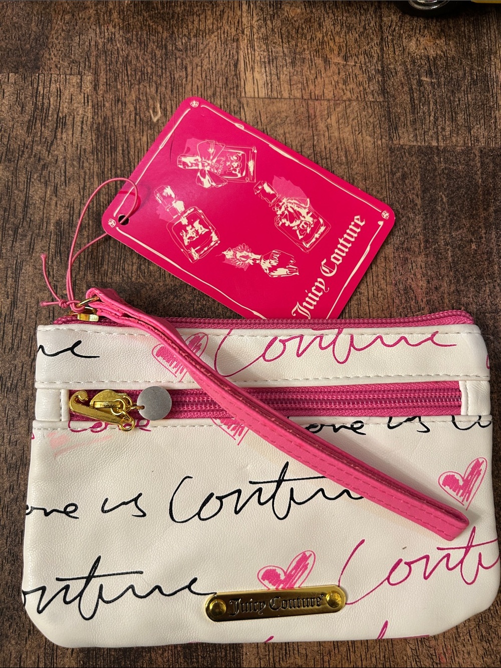 Juicy Couture White Wristlet with Pink Script & Accents
